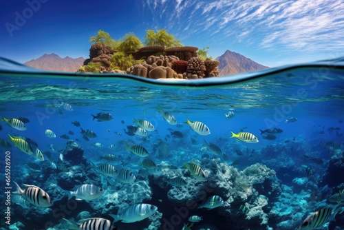Underwater view of coral reef with tropical fish and blue sky, Large school of fish on a tropical coral reef in the Red Sea, AI Generated © Iftikhar alam