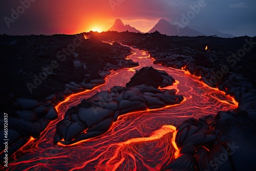 Volcanic landscape at sunset. 3D illustration. Fantasy nature, lava flowing lava into a mountain, AI Generated