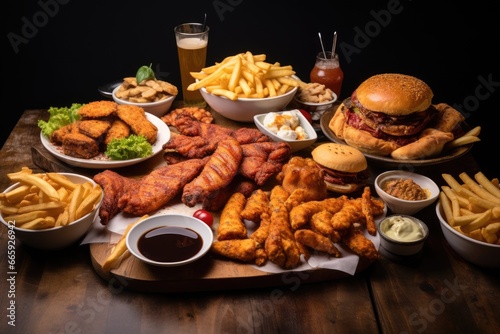 Assorted fast food including chicken wings, hamburger, french fries, nuggets, sauces and beer on a wooden table, large table of assorted take out food such as pizza, AI Generated