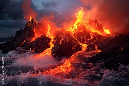 Volcanic eruption with lava and lava flow. 3D illustration, Lava is entering the ocean with many small flows, AI Generated