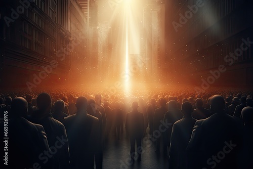 Crowd of people in a large city at night. 3d rendering, Leadership concept with crowd of people and light. 3d rendering, AI Generated