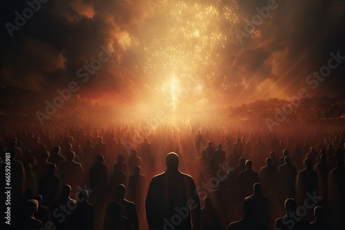 Silhouettes of people in front of fireworks. 3d rendering, Leadership concept with crowd of people and light. 3d rendering, AI Generated