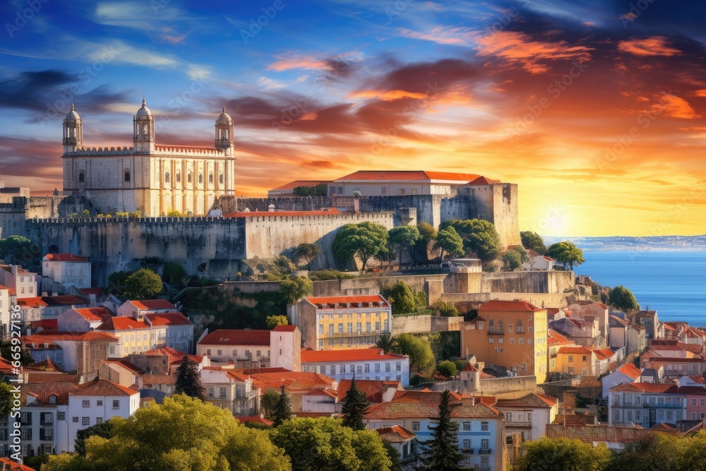 Obraz na płótnie Panoramic view of Lisbon, Portugal. Beautiful summer sunset, Lisbon, Portugal skyline with Sao Jorge Castle, AI Generated w salonie
