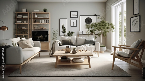 Scandinavian-themed living room interior design. A living room interior with a couch, coffee table, and television. © Much
