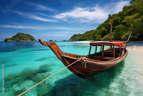 Traditional longtail boat on tropical beach at Andaman sea  Thailand  Longtail boat anchored in the sea  with the landscape of the archipelago visible in the background  AI Generated