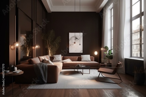 A brown living room with a white sofa. Generative AI © Annelise
