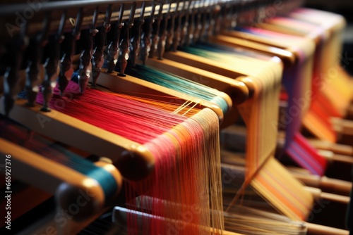 Colorful loom in a textile factory, closeup of photo, loom production of threads and textiles, AI Generated photo