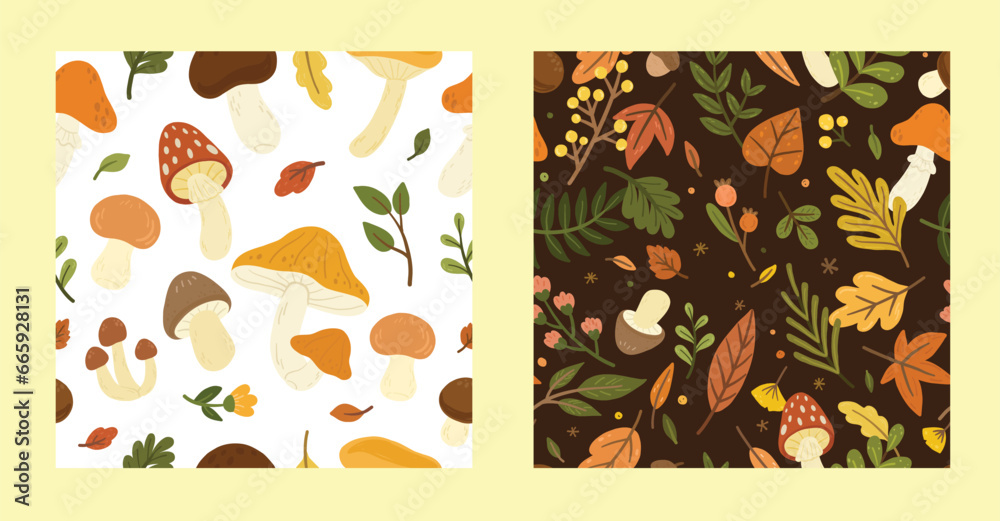 Set of seasonal mushrooms seamless pattern with flowers and leaves elements. Natural flat vector illustration for background, textile print, wallpaper, texture, backdrop, wrapping paper Set of seasonal mushrooms seamless pattern with flowers and leaves elements. Natural flat vector illustration for background, textile print, wallpaper, texture, backdrop, wrapping paper