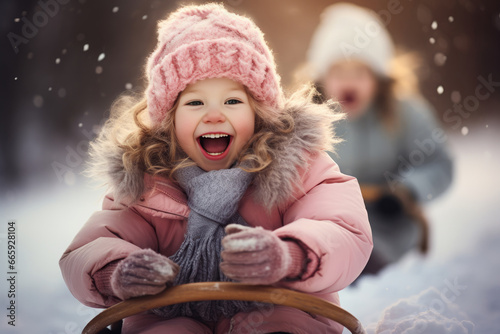 Kleines fröhliches Mädchen mit rosa Wollmütze fährt einen Schlitten im Schnee, Kind genießt Schlittenfahrt im Winter photo
