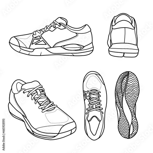 Template vector tennis shoes, suitable for your custom sneaker design, outline vector doodle illustration, side, rear, isometric, bottom and top view, isolated with white background.