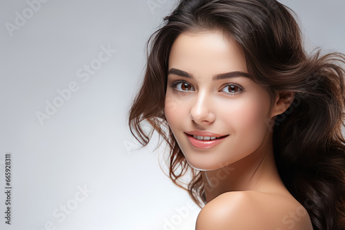 Closeup portrait of young beauty woman with fair perfect healthy glow skin , model makeup cosmetic advertisement style isolated on white