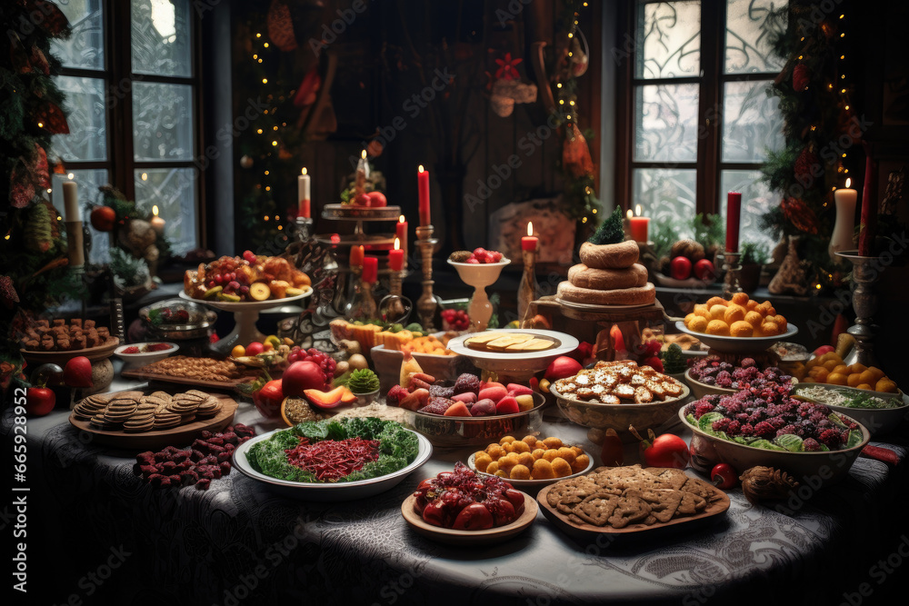 Thanksgiving Food and Dessert for party invitation, Christmas party celebration with dinner meal on table, Happy new year and Xmas scene, wooden table full of food and treats.