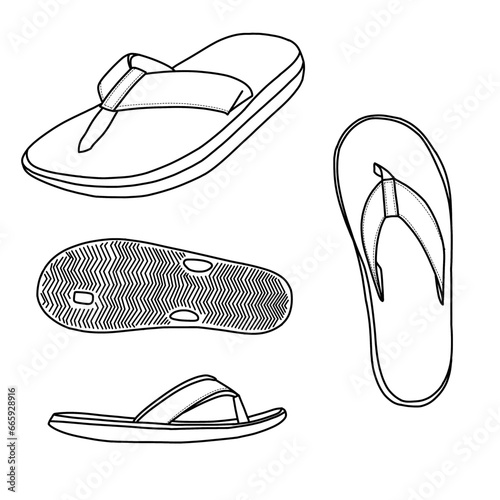 Template vector sandals hand drawn collection, casual sandals, vector sketch illustration, isometric, top, bottom and side view,suitable for your custom Slippers design, isolated on white background