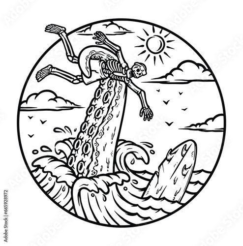 octopus attacks surfers in the sea line illustration