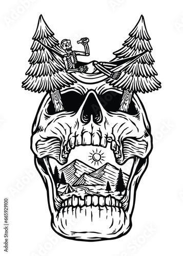 the skull is relaxing on the mountain line illustration
