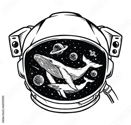 whale in astronaut helmet line illustration