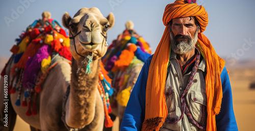 man in ethnic attire leading camels through a desert