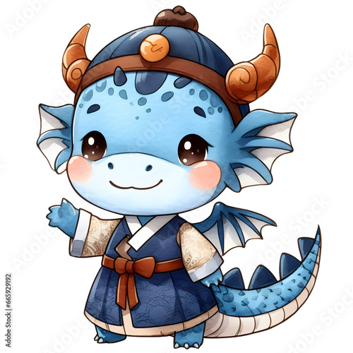 cute blue dragon with hanbok costume photo