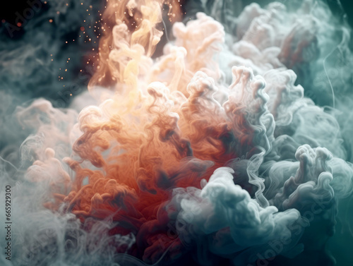 Dense multicolored smoke on a black isolated background. Generative AI