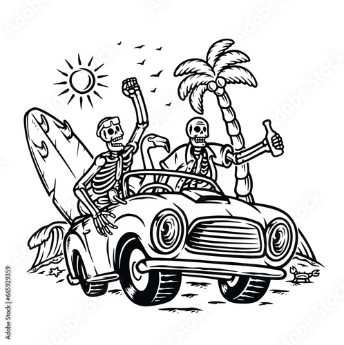 skull trip to the beach line illustration