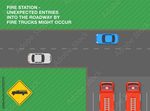 Safety driving tips and rules. Unexpected entries into the roadway by fire trucks might occur, fire station ahead. Top view of a road with traffic flow. Flat vector illustration template.