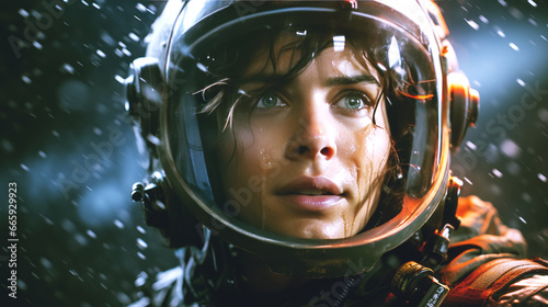 Closeup portrait of a beautiful woman astronaut in space helmet. Generative AI © Who is Danny