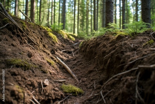 Soil profile in spruce forest. Generative AI