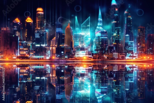 artificial intelligence AI data city with neon light background