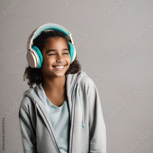 Young girl in headphones, light background. 