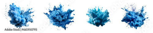 Set of powder explosion blue ink splashes, Colorful paint splash elements for design, isolated on white and transparent background