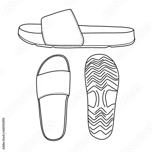 Template vector sandals hand drawn collection, casual sandals, vector sketch illustration, top, bottom and side view,suitable for your custom Slippers design, isolated on white background