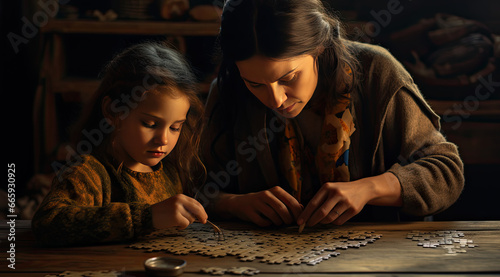 an adult and her child working on a wooden puzzle