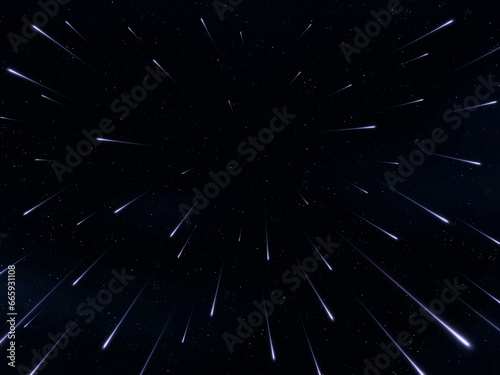 Beautiful night starfall. Falling fireballs against the background of stars. Group of meteoroids in deep space.