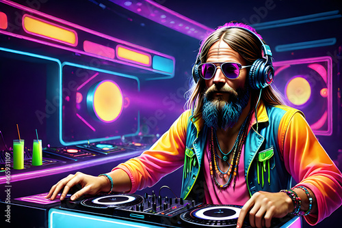 Illustration of a man hippie working as a dj in a nightclub barwith lights and neon colors