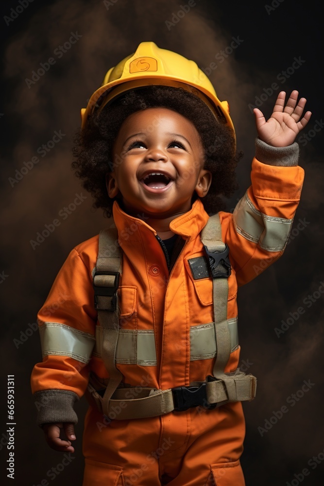 A cheering afro american toddler with raised arms as a firefighter, copy space A cheering afro american toddler with raised arms as a firefighter, copy space