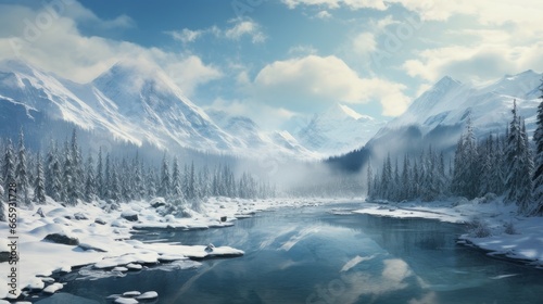 Picturesque, beautiful winter landscape of mountains and forest, snow-covered valley.