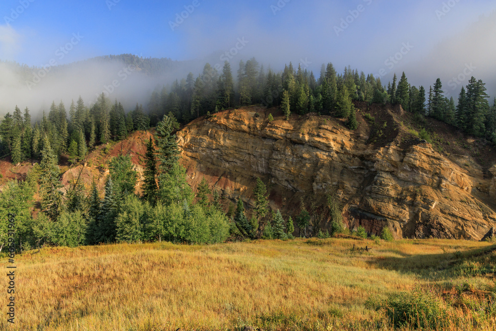 Fototapeta premium Morning fog seen above the East Fork of the San Juan River, CO.