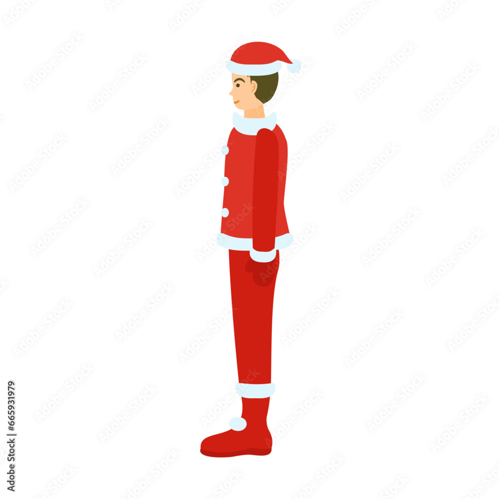 横向きのサンタクロースの格好の男性。フラットなベクターイラスト。 A man dressed as Santa Claus standing sideways. Flat designed vector illustration. 横向きのサンタクロースの格好の男性。フラットなベクターイラスト。 A man dressed as Santa Claus standing sideways. Flat designed vector illustration.