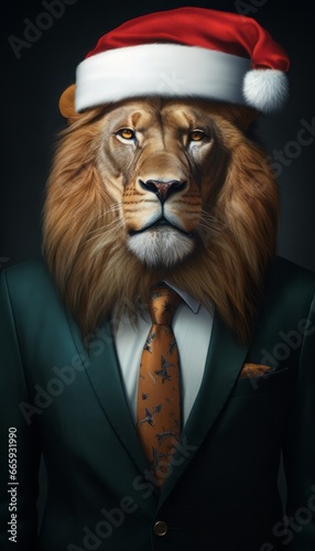 Fashionable antropomorphic portrait of lion. Lion in business suit and with Santa hat on his head. Dark background © AI Studio