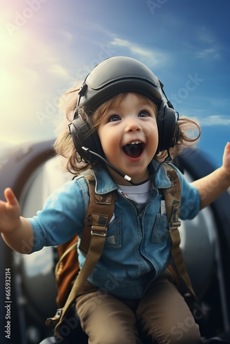 A cheering excited toddler flying an airplane, copy space © EOL STUDIOS