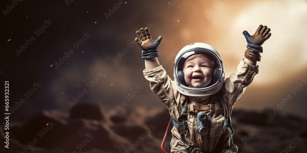 A cheering toddler with raised arms as an astronaut in space, copy space