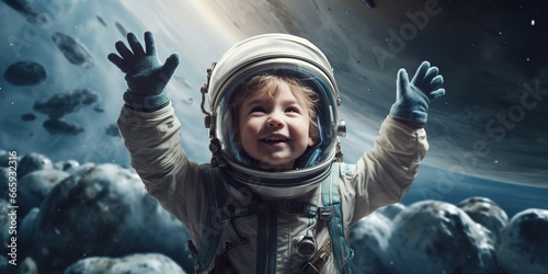 A cheering toddler with raised arms as an astronaut in space, copy space © EOL STUDIOS