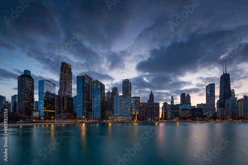 View of the Chicago downtown over lake Michigan.