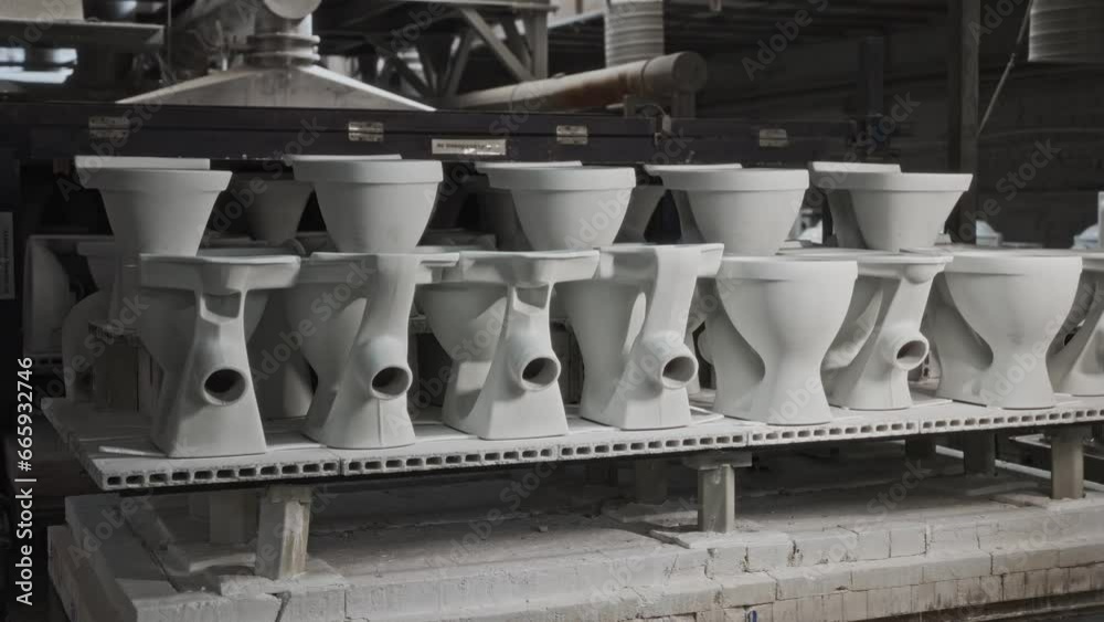 Ceramic sanitary ware passed through an industrial oven to bake the enamel. Production of toilets and sinks Ceramic sanitary ware passed through an industrial oven to bake the enamel. Production of toilets and sinks