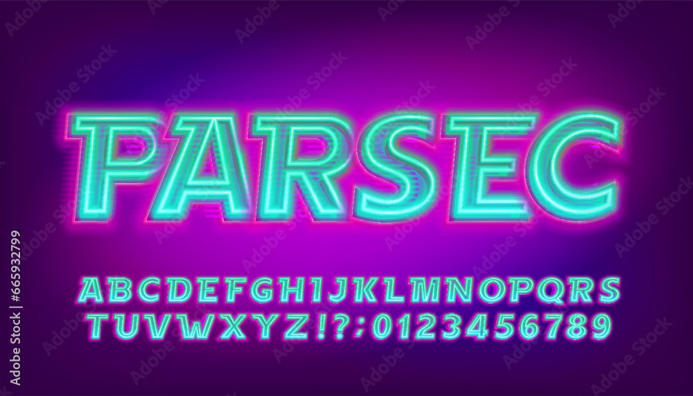 Obraz premium Parsec alphabet font. Glowing neon letters and numbers. Stock vector typescript for your design.
