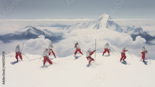 A team of skiers and climbers travel through the snow-capped mountains high above the clouds during vacation and winter holidays.