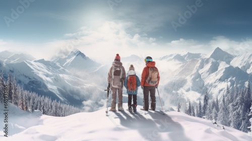 A family of skiers looks at the snow-capped mountains at a ski resort, during vacation and winter holidays. photo