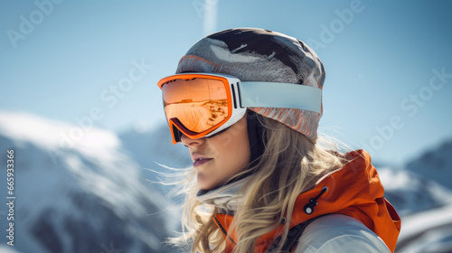 Portrait of a happy, smiling woman snowboarder against the backdrop of snow-capped mountains at a ski resort, during vacation and winter holidays.