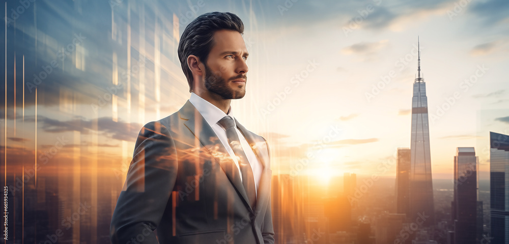 Businessman in a formal suit stands and looks at the success of his business on city office building using a double exposure background effect. Businessman in a formal suit stands and looks at the success of his business on city office building using a double exposure background effect.