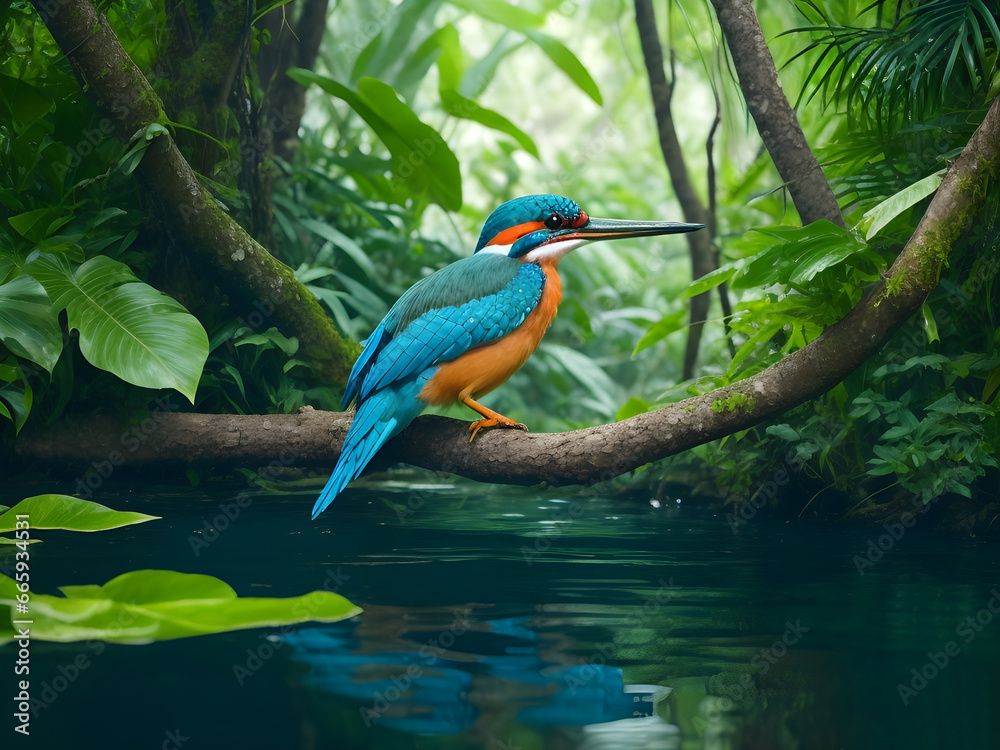 Obraz premium The common kingfisher, also known as the Eurasian kingfisher and river kingfisher, is a small kingfisher with seven subspecies recognized within its wide distribution across Eurasia and North Africa.